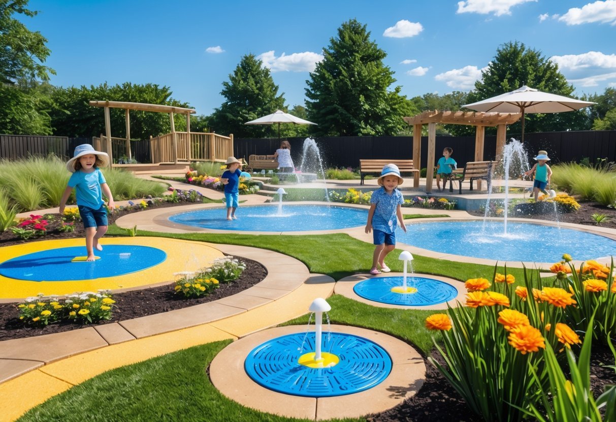 21+ Kid Friendly Garden Ideas: Easy and Fun Projects to Engage Kids in the US 13 Children playing and splashing in a colorful water play garden with fountains and greenery on a sunny day.