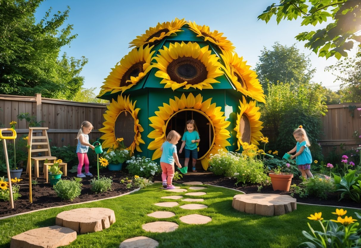 21+ Kid Friendly Garden Ideas: Easy and Fun Projects to Engage Kids in the US 14 Children playing and exploring in a colorful garden with a sunflower-shaped playhouse surrounded by flowers and greenery.