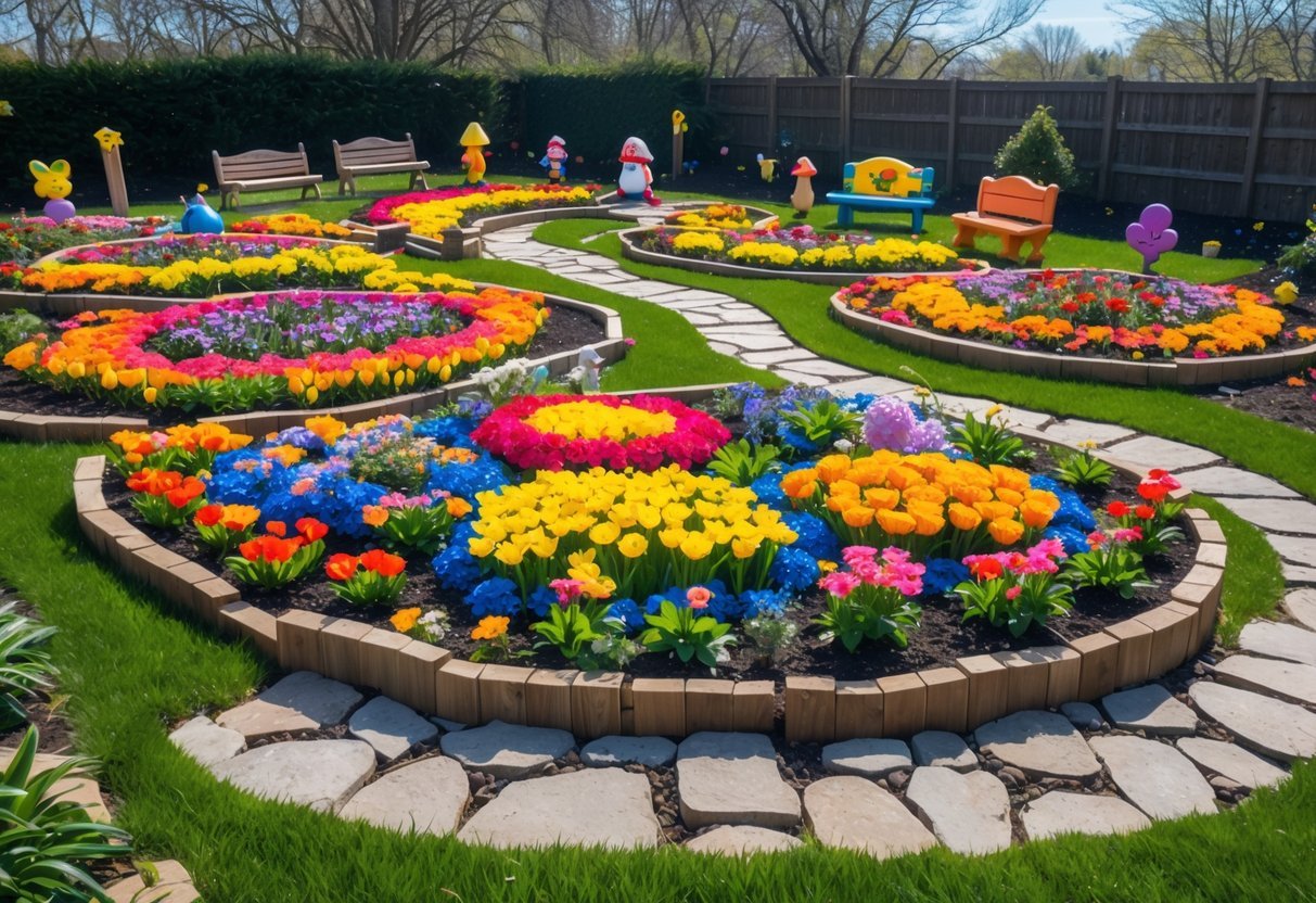 21+ Kid Friendly Garden Ideas: Easy and Fun Projects to Engage Kids in the US 16 A colorful garden with bright flower beds, winding stone paths, and child-friendly decorations in a sunny outdoor setting.