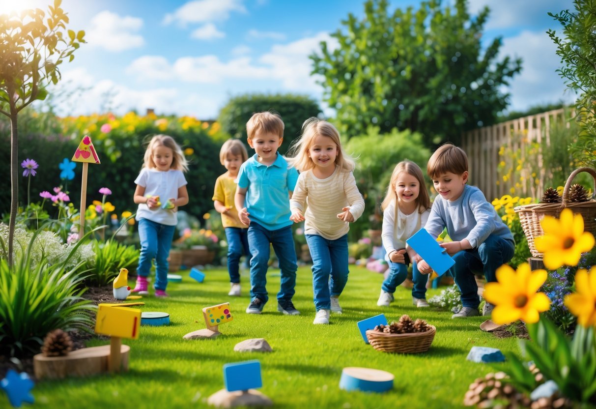 21+ Kid Friendly Garden Ideas: Easy and Fun Projects to Engage Kids in the US 17 Children searching for hidden objects in a colorful garden during a scavenger hunt on a sunny day.