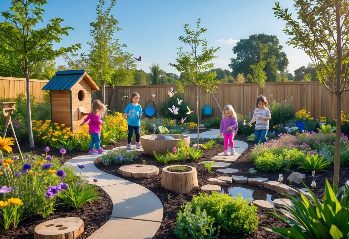 21+ Kid Friendly Garden Ideas: Easy and Fun Projects to Engage Kids in the US 18 Children exploring a colorful garden with flowers, birds, butterflies, and natural play elements.