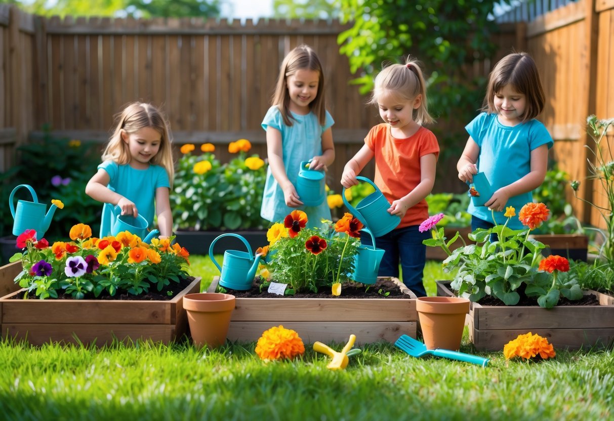 21+ Kid Friendly Garden Ideas: Easy and Fun Projects to Engage Kids in the US 19 Children happily gardening in a colorful edible flower garden with raised beds and pots filled with vibrant flowers.