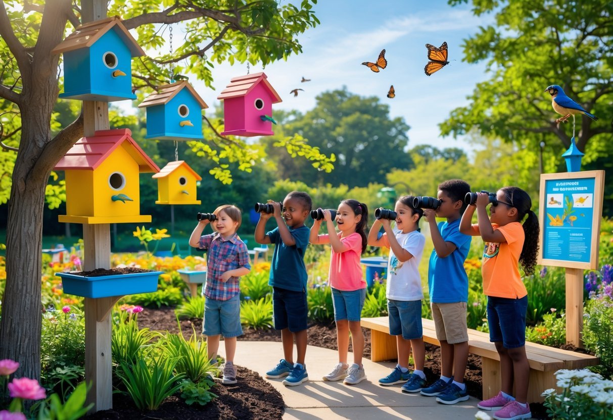 21+ Kid Friendly Garden Ideas: Easy and Fun Projects to Engage Kids in the US 20 Children watching birds in a colorful garden with birdhouses and flowers on a sunny day.