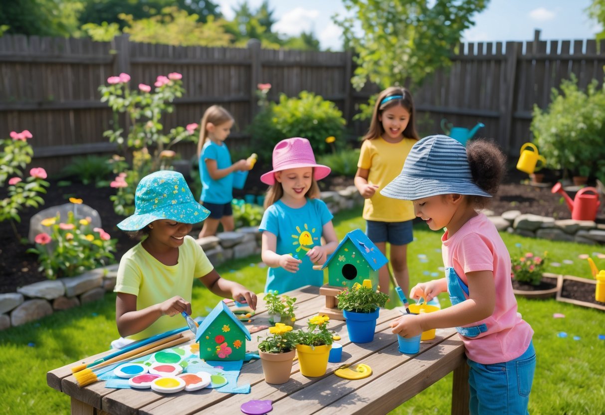 21+ Kid Friendly Garden Ideas: Easy and Fun Projects to Engage Kids in the US 21 Children painting rocks and building birdhouses in a colorful garden with flowers and greenery on a sunny day.