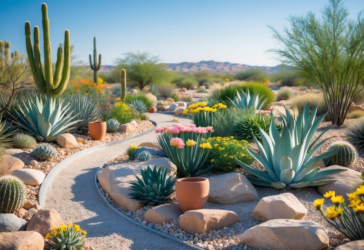 20+ Desert Garden Ideas for Thriving, Low-Maintenance Yards in the US Southwest 2 A desert garden with cacti, succulents, gravel pathways, rocks, and desert hills in the background under a clear sky.