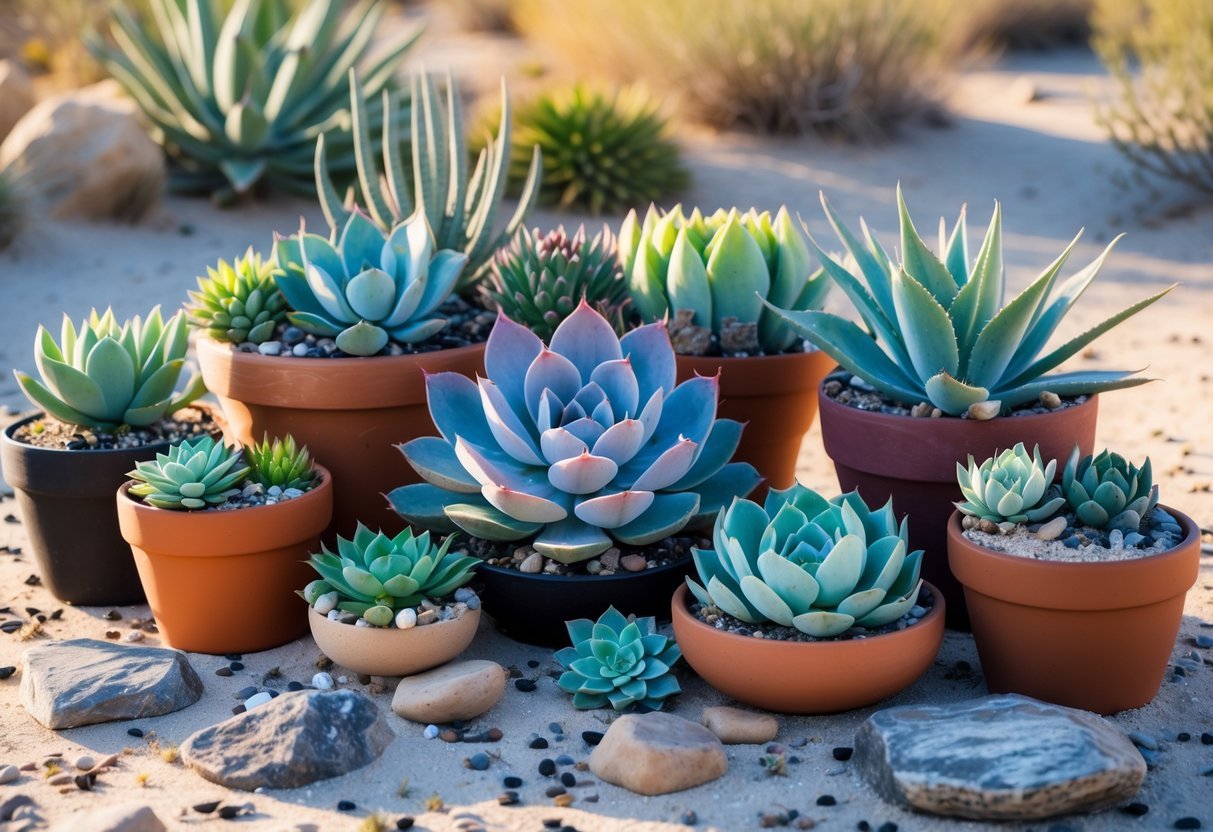 20+ Desert Garden Ideas for Thriving, Low-Maintenance Yards in the US Southwest 3 A variety of succulent plants arranged in pots with desert sand and rocks around them.
