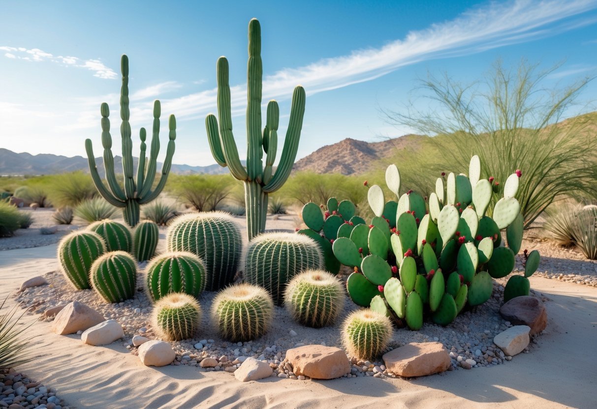 20+ Desert Garden Ideas for Thriving, Low-Maintenance Yards in the US Southwest 4 A desert garden with various types of cacti, sandy soil, rocks, and distant hills under a clear blue sky.