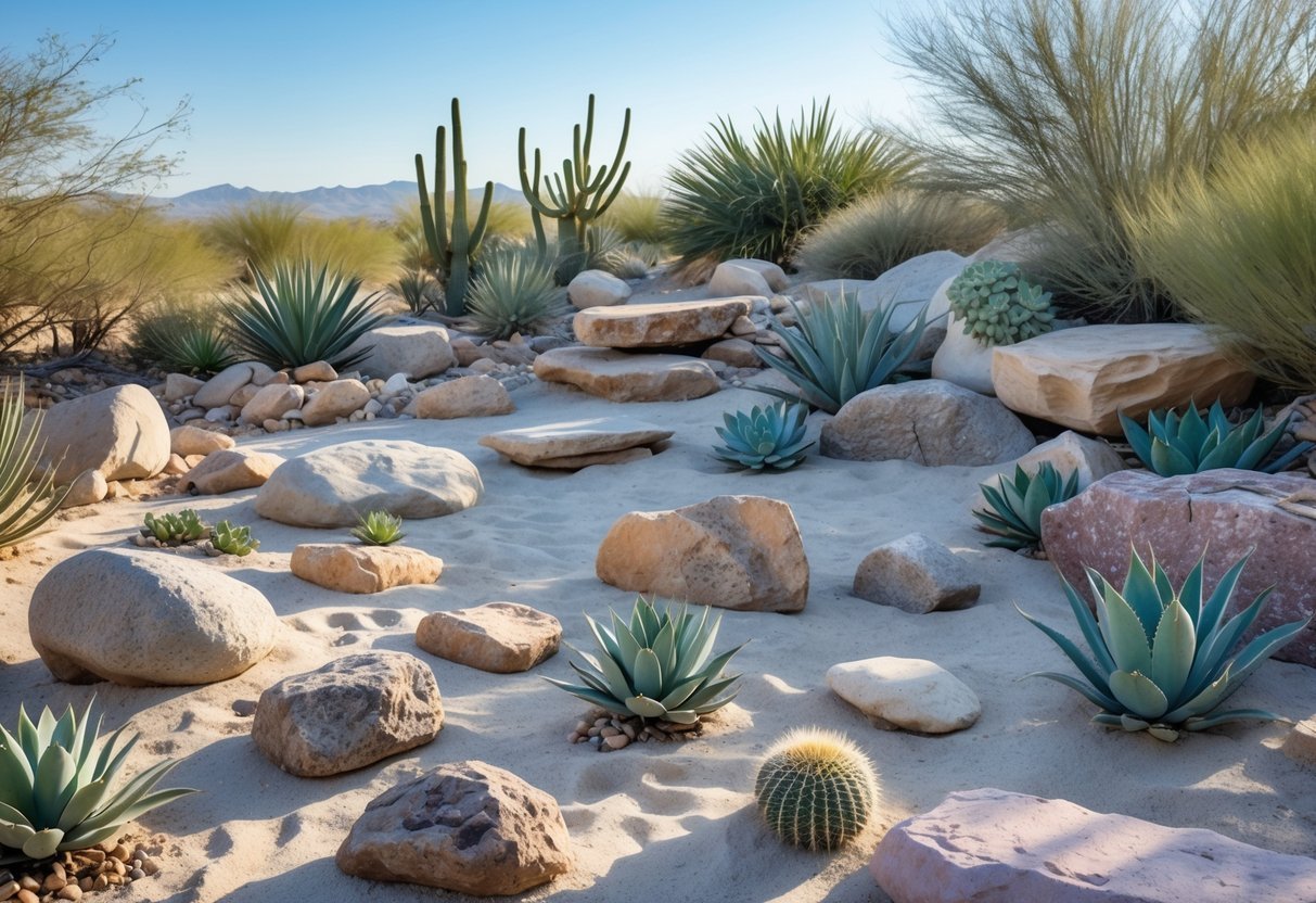 20+ Desert Garden Ideas for Thriving, Low-Maintenance Yards in the US Southwest 5 A desert rock garden with various rocks, sandy soil, and desert plants like cacti and succulents under a clear blue sky.