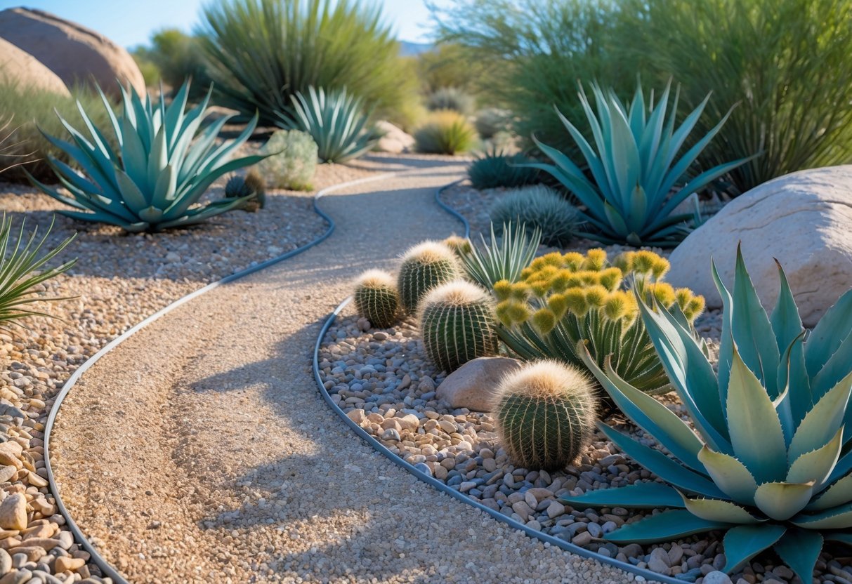 20+ Desert Garden Ideas for Thriving, Low-Maintenance Yards in the US Southwest 6 A desert garden with winding gravel pathways surrounded by cacti, succulents, and desert plants under a clear blue sky.