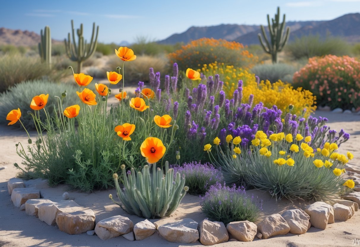 20+ Desert Garden Ideas for Thriving, Low-Maintenance Yards in the US Southwest 7 A desert garden with colorful wildflower beds including orange, purple, yellow, and white flowers growing in sandy soil with rocks and distant hills under a clear blue sky.