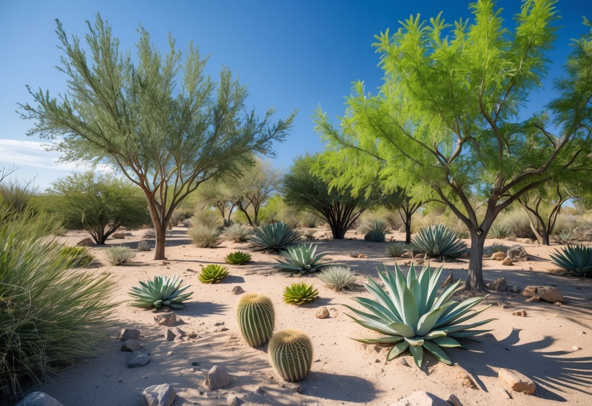 20+ Desert Garden Ideas for Thriving, Low-Maintenance Yards in the US Southwest 8 A desert garden with drought-tolerant trees, sandy soil, rocks, and various desert plants under a clear blue sky.