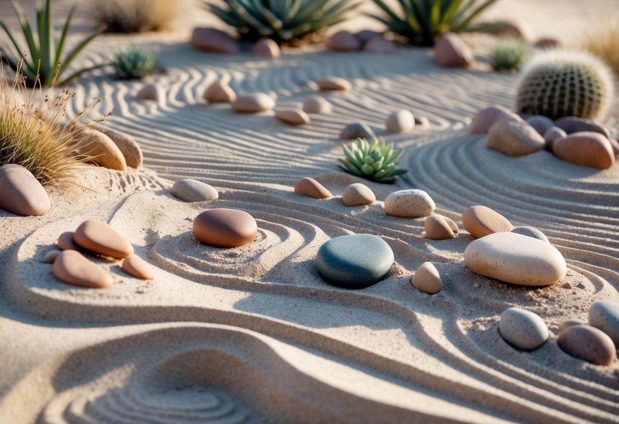 20+ Desert Garden Ideas for Thriving, Low-Maintenance Yards in the US Southwest 9 A desert garden with raked sand patterns and decorative stones arranged among small desert plants.