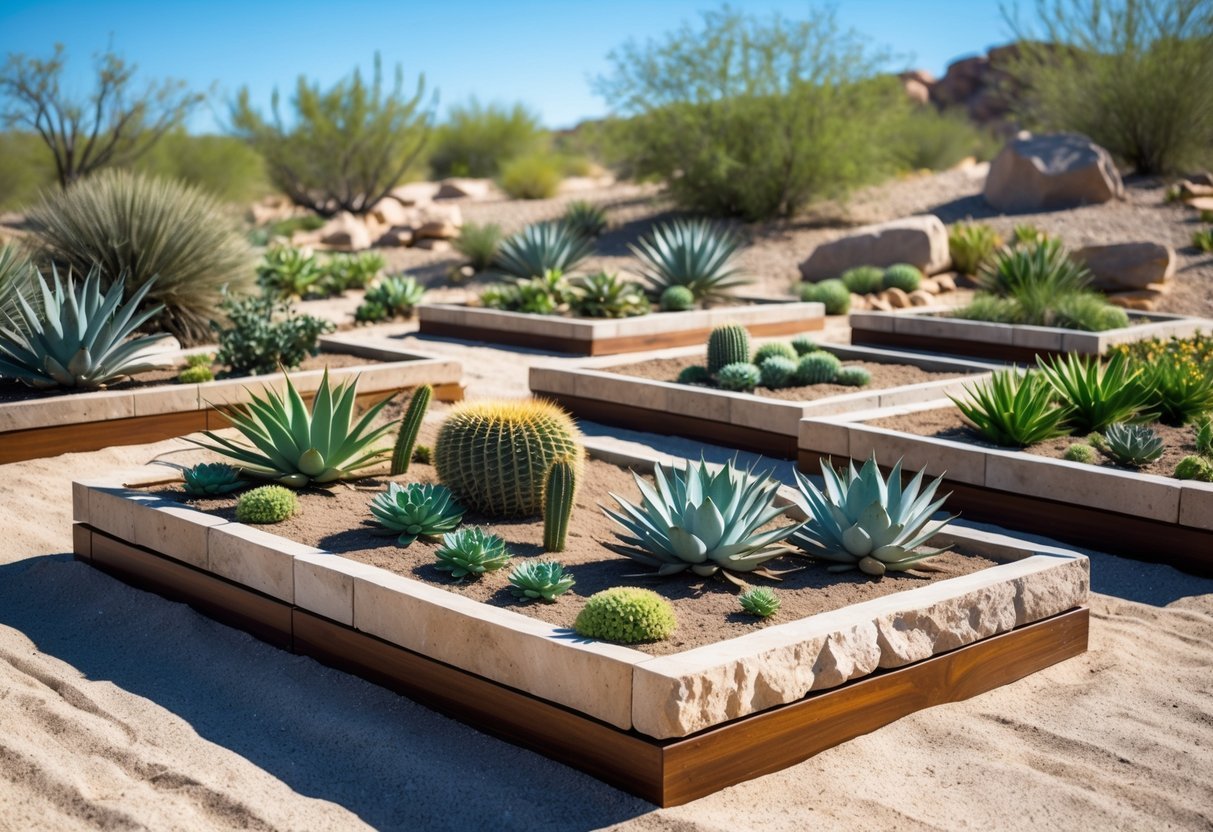 20+ Desert Garden Ideas for Thriving, Low-Maintenance Yards in the US Southwest 10 Outdoor desert garden with raised stone and wood planter beds filled with cacti and succulents under a clear blue sky.