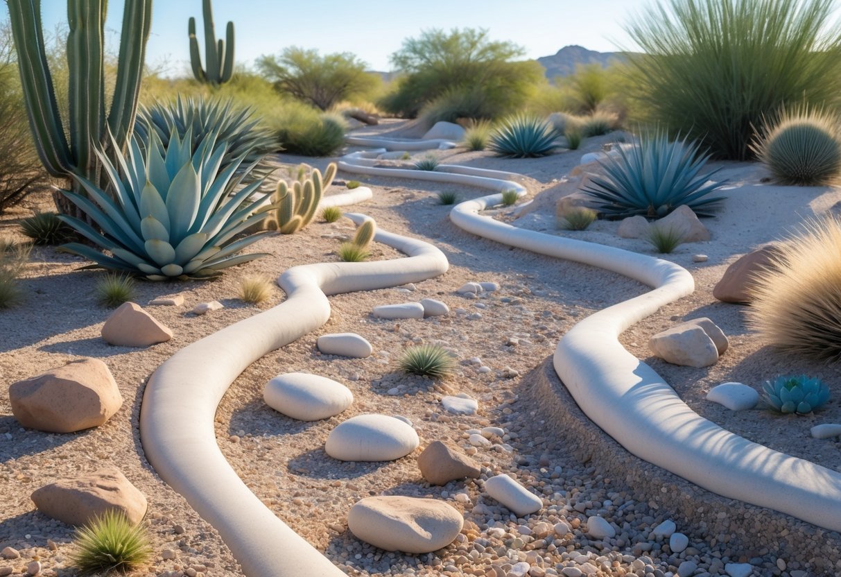20+ Desert Garden Ideas for Thriving, Low-Maintenance Yards in the US Southwest 11 A dry riverbed made of stones winding through a desert garden with cacti, agave, and desert shrubs under a clear blue sky.