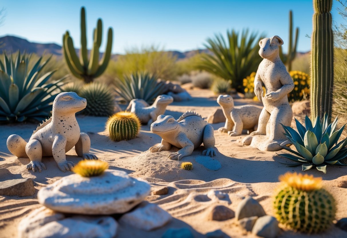 20+ Desert Garden Ideas for Thriving, Low-Maintenance Yards in the US Southwest 12 A desert garden with stone and metal sculptures of cacti, lizards, and desert plants surrounded by sandy ground and desert vegetation under a clear blue sky.