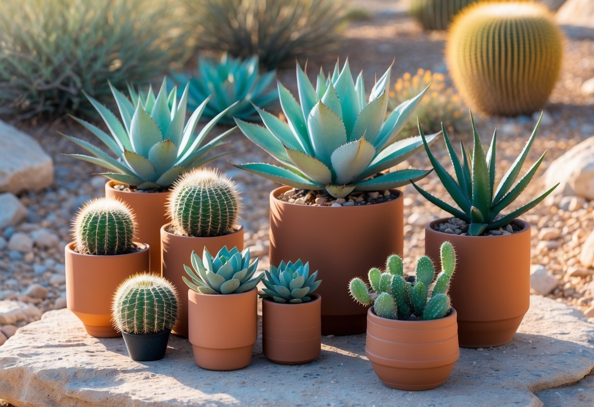 20+ Desert Garden Ideas for Thriving, Low-Maintenance Yards in the US Southwest 13 A collection of potted desert plants including succulents and cacti arranged outdoors on stone with dry soil and rocks in the background.