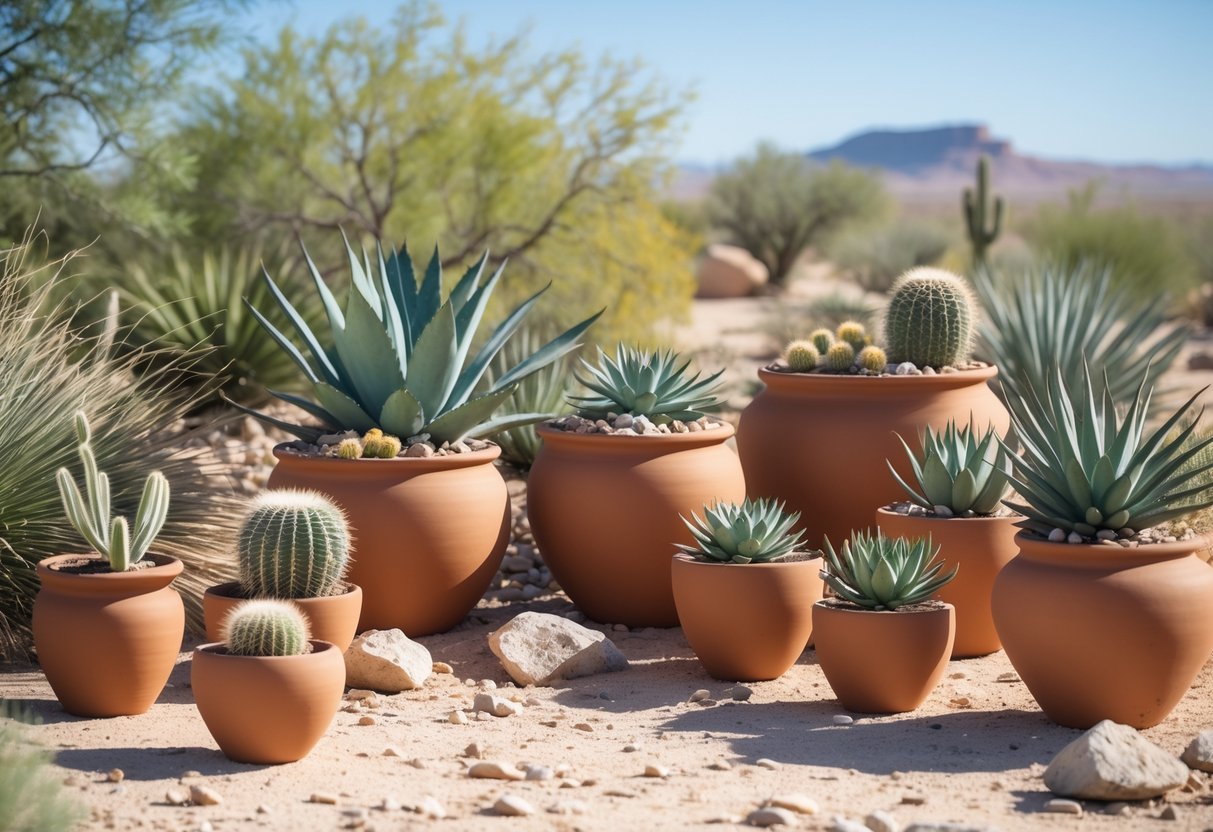 20+ Desert Garden Ideas for Thriving, Low-Maintenance Yards in the US Southwest 14 Terracotta pots and planters filled with desert plants arranged on sandy ground in a desert garden setting.