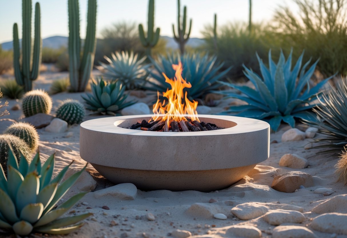 20+ Desert Garden Ideas for Thriving, Low-Maintenance Yards in the US Southwest 15 A fire pit surrounded by desert plants including cacti and succulents in a sandy garden.