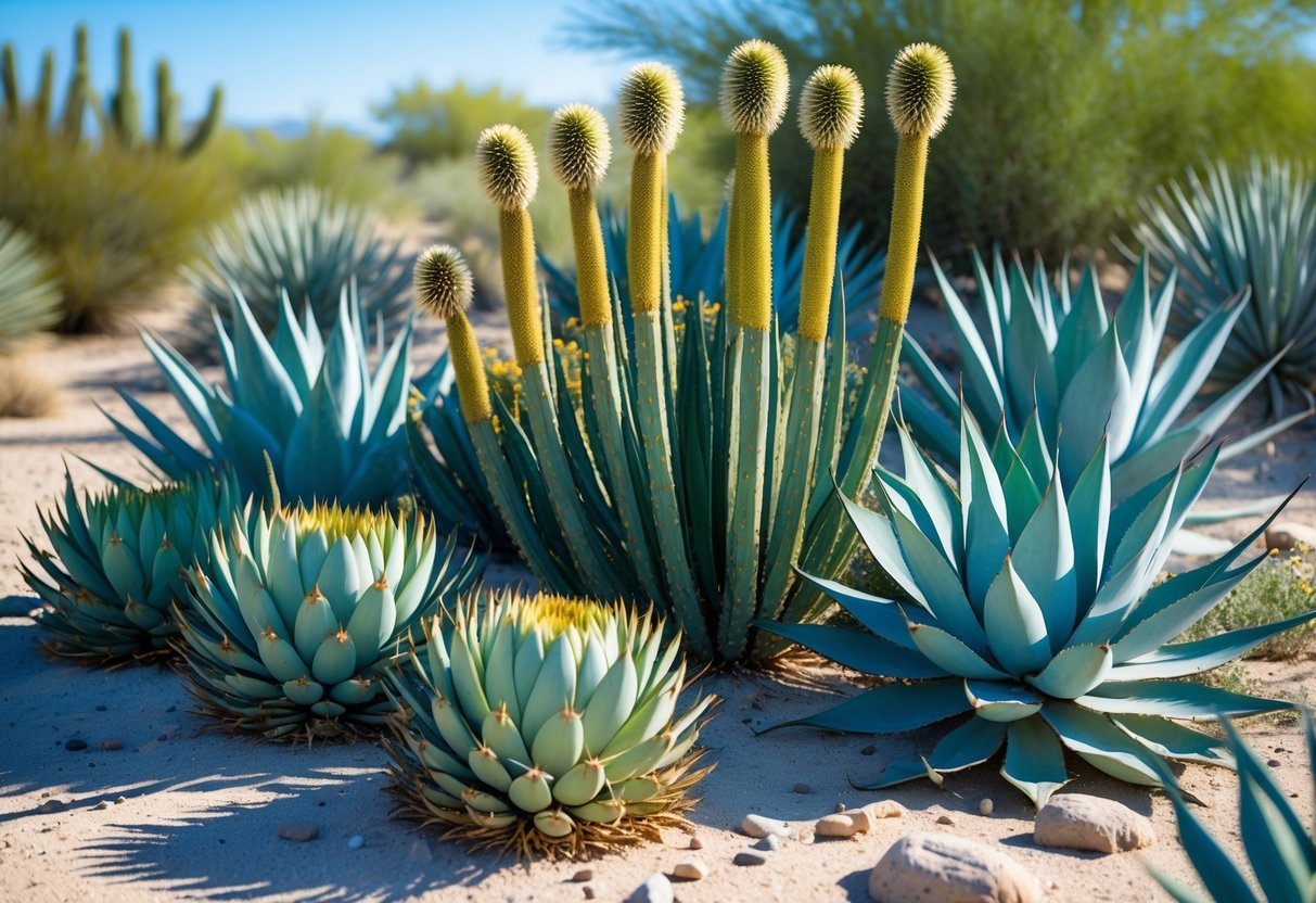 20+ Desert Garden Ideas for Thriving, Low-Maintenance Yards in the US Southwest 16 Clusters of yucca and agave plants growing together in a sunny desert garden with sandy soil and rocks.