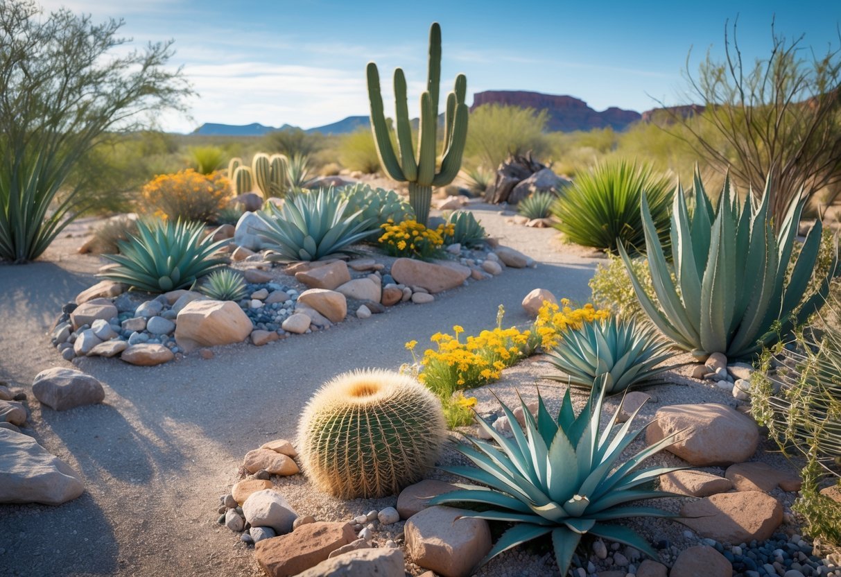 20+ Desert Garden Ideas for Thriving, Low-Maintenance Yards in the US Southwest 18 A desert garden with native plants like cacti, agave, and yucca among rocks and sandy soil under a clear blue sky.