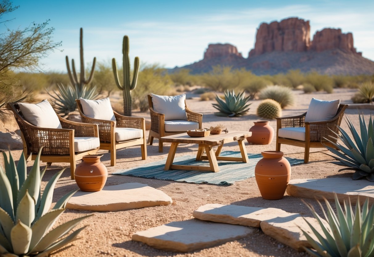 20+ Desert Garden Ideas for Thriving, Low-Maintenance Yards in the US Southwest 19 Outdoor seating area surrounded by desert plants and sandy ground under a clear sky.