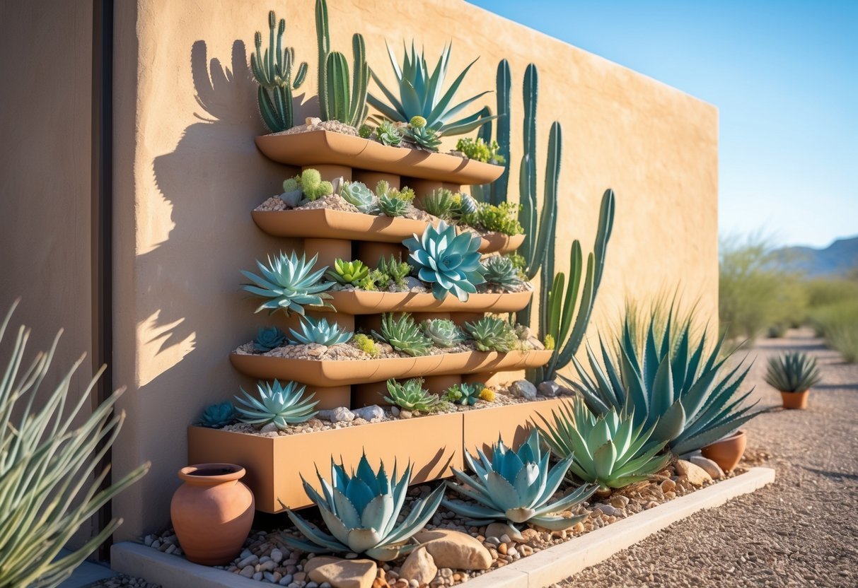 20+ Desert Garden Ideas for Thriving, Low-Maintenance Yards in the US Southwest 20 A vertical garden with various desert plants like cacti and succulents arranged on a tall planter against a sunlit adobe wall in a desert setting.