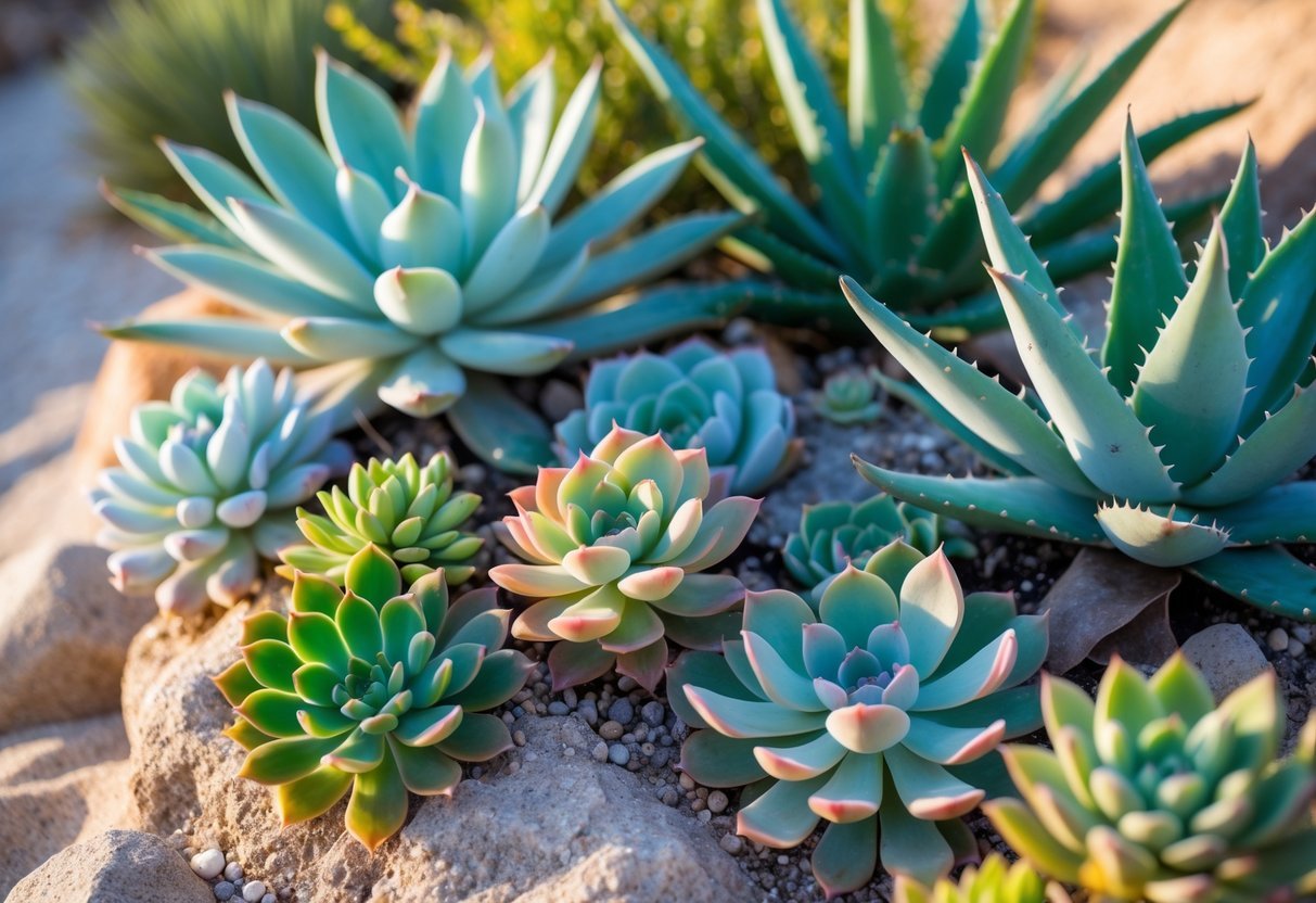 20+ Desert Garden Ideas for Thriving, Low-Maintenance Yards in the US Southwest 21 A mix of Aloe and Echeveria succulent plants arranged in a desert garden setting with sandy soil and rocks.