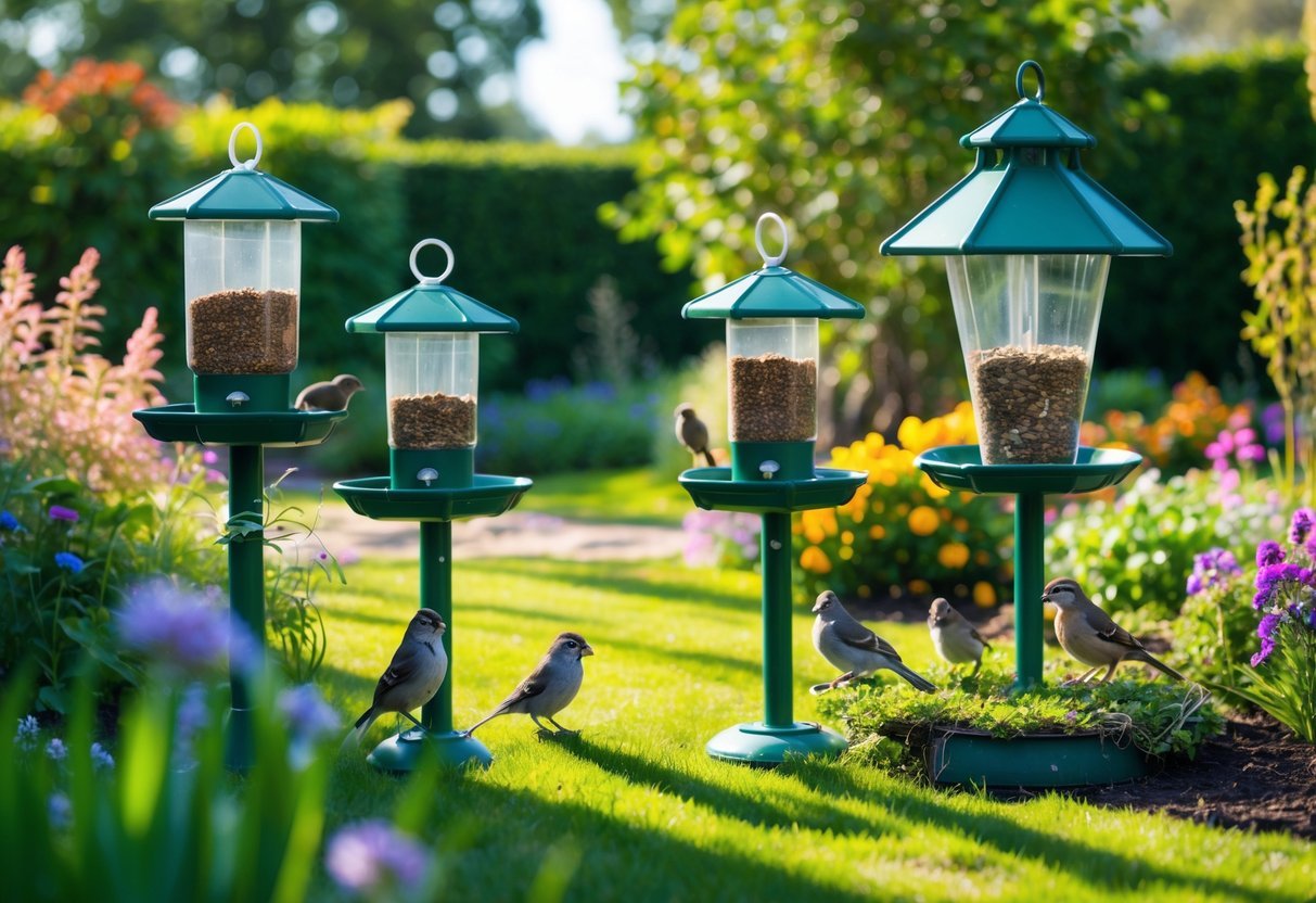 17+ Squirrel-Proof Garden Ideas: Effective Solutions Every US Gardener Needs to Know 3 A garden with squirrel-proof bird feeders surrounded by plants and small birds feeding.