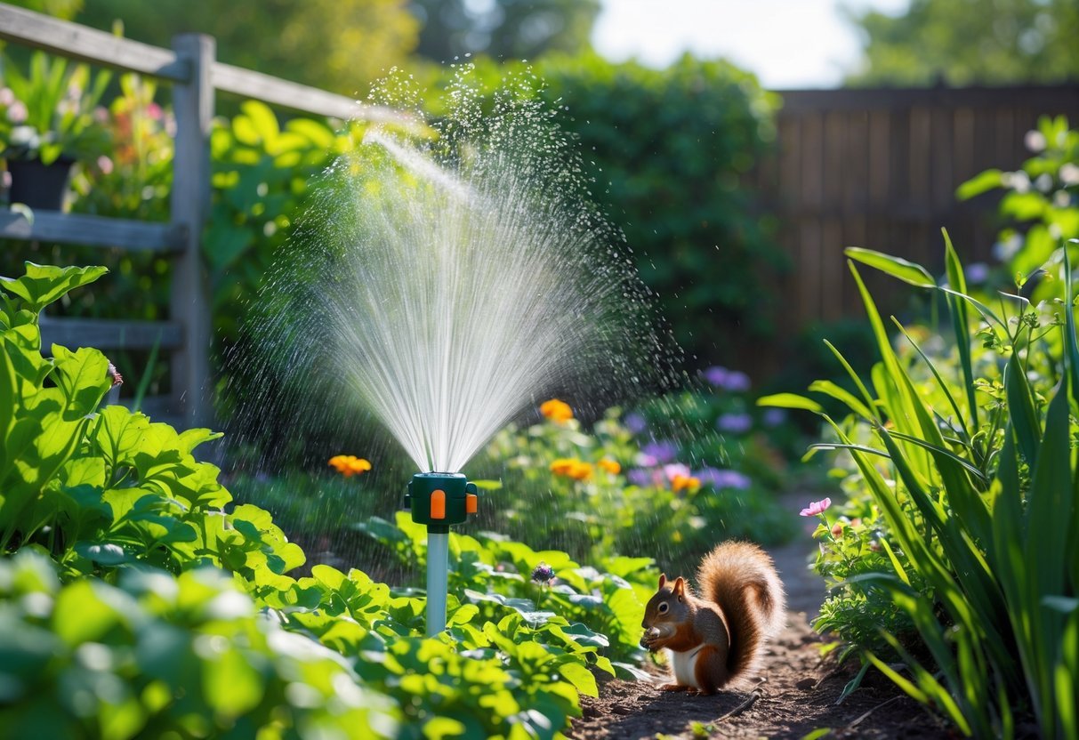 17+ Squirrel-Proof Garden Ideas: Effective Solutions Every US Gardener Needs to Know 4 A garden with green plants and a motion-activated sprinkler spraying water while a squirrel hesitates nearby.