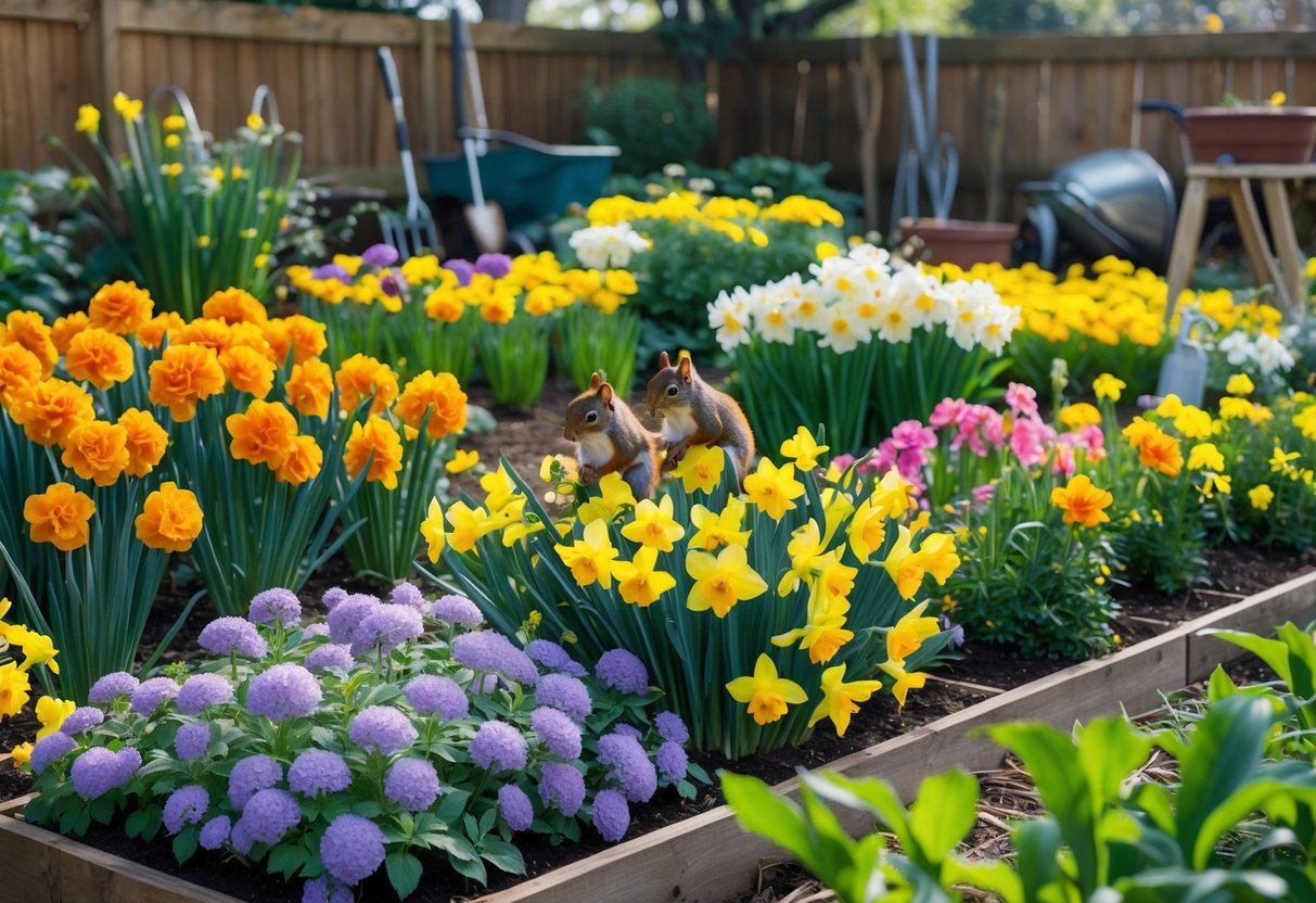 17+ Squirrel-Proof Garden Ideas: Effective Solutions Every US Gardener Needs to Know 5 A bright garden bed with colorful flowers like marigolds, daffodils, and alliums surrounded by green plants and a wooden fence in the background.