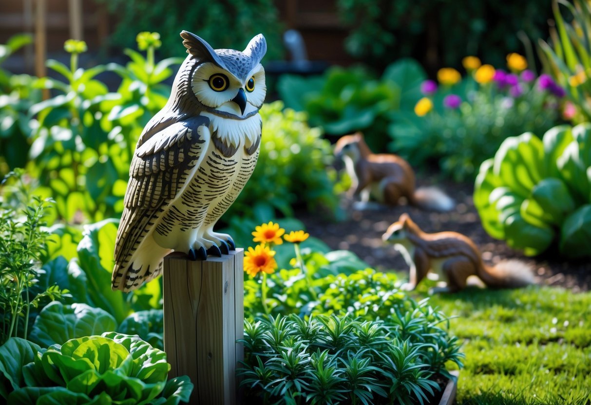 17+ Squirrel-Proof Garden Ideas: Effective Solutions Every US Gardener Needs to Know 6 A garden with a realistic owl decoy on a wooden post surrounded by plants and flowers, with squirrels nearby avoiding the decoy.