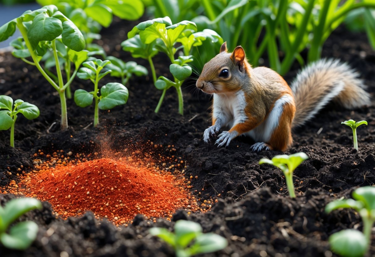 17+ Squirrel-Proof Garden Ideas: Effective Solutions Every US Gardener Needs to Know 7 A garden bed with soil sprinkled with red cayenne pepper powder and a squirrel nearby hesitating to enter the area.