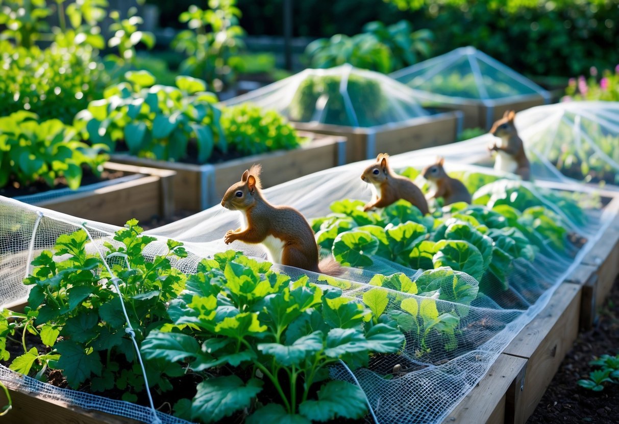 17+ Squirrel-Proof Garden Ideas: Effective Solutions Every US Gardener Needs to Know 8 A garden with plants covered by mesh netting to keep squirrels away, with squirrels nearby but unable to access the plants.