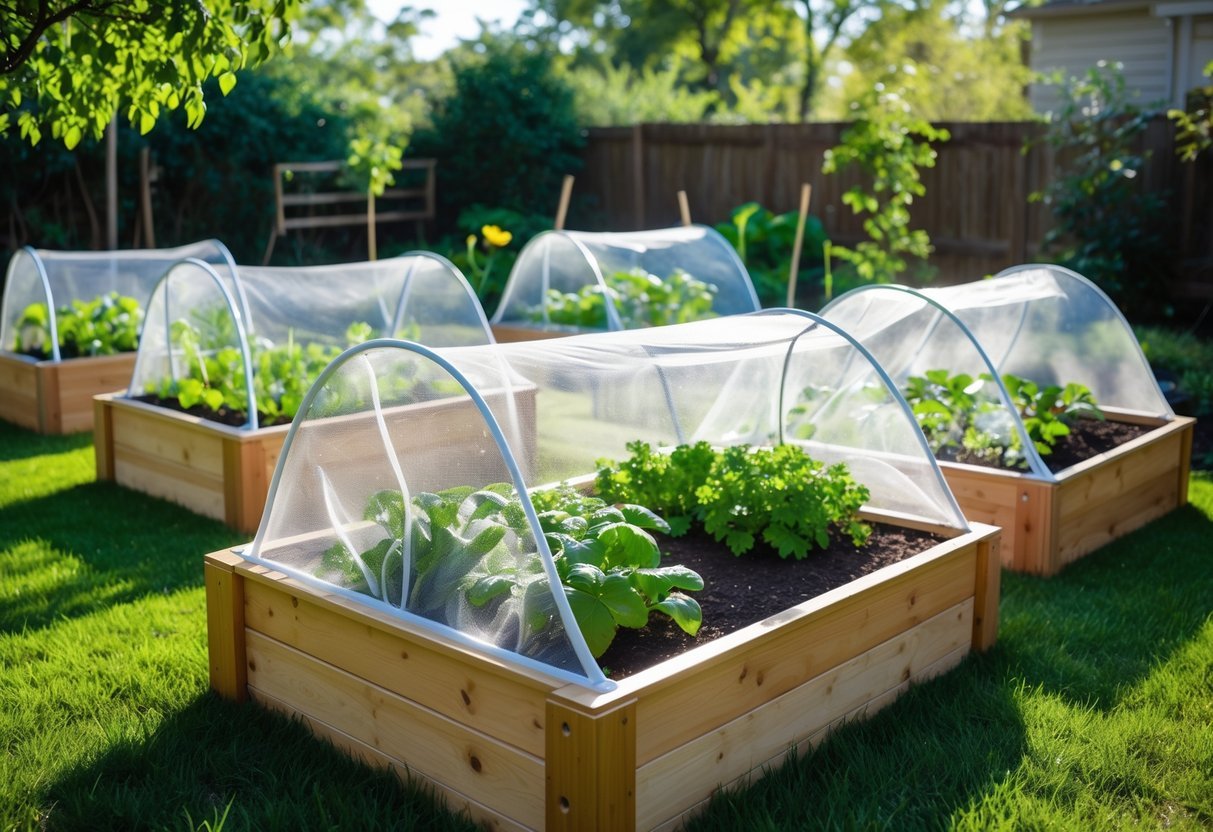 17+ Squirrel-Proof Garden Ideas: Effective Solutions Every US Gardener Needs to Know 9 Backyard with raised wooden garden beds covered by mesh covers to protect plants from squirrels.