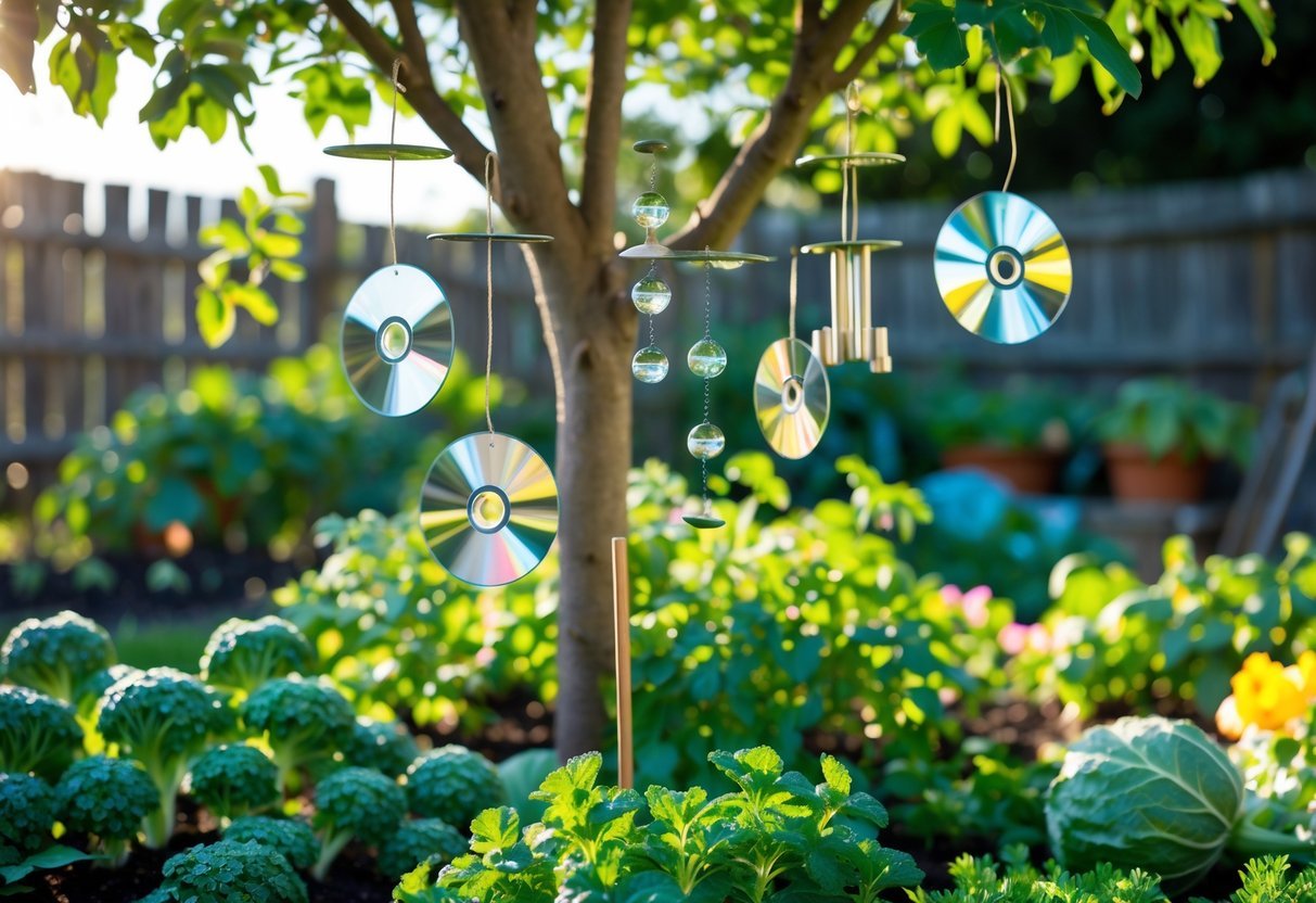 17+ Squirrel-Proof Garden Ideas: Effective Solutions Every US Gardener Needs to Know 11 A garden with reflective objects like CDs and mirrors hanging from branches and stakes among vegetable plants and flowers.