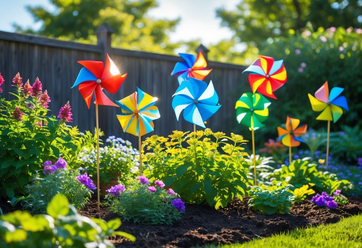 17+ Squirrel-Proof Garden Ideas: Effective Solutions Every US Gardener Needs to Know 12 A garden with colorful pinwheels placed among green plants and flowers to keep squirrels away.