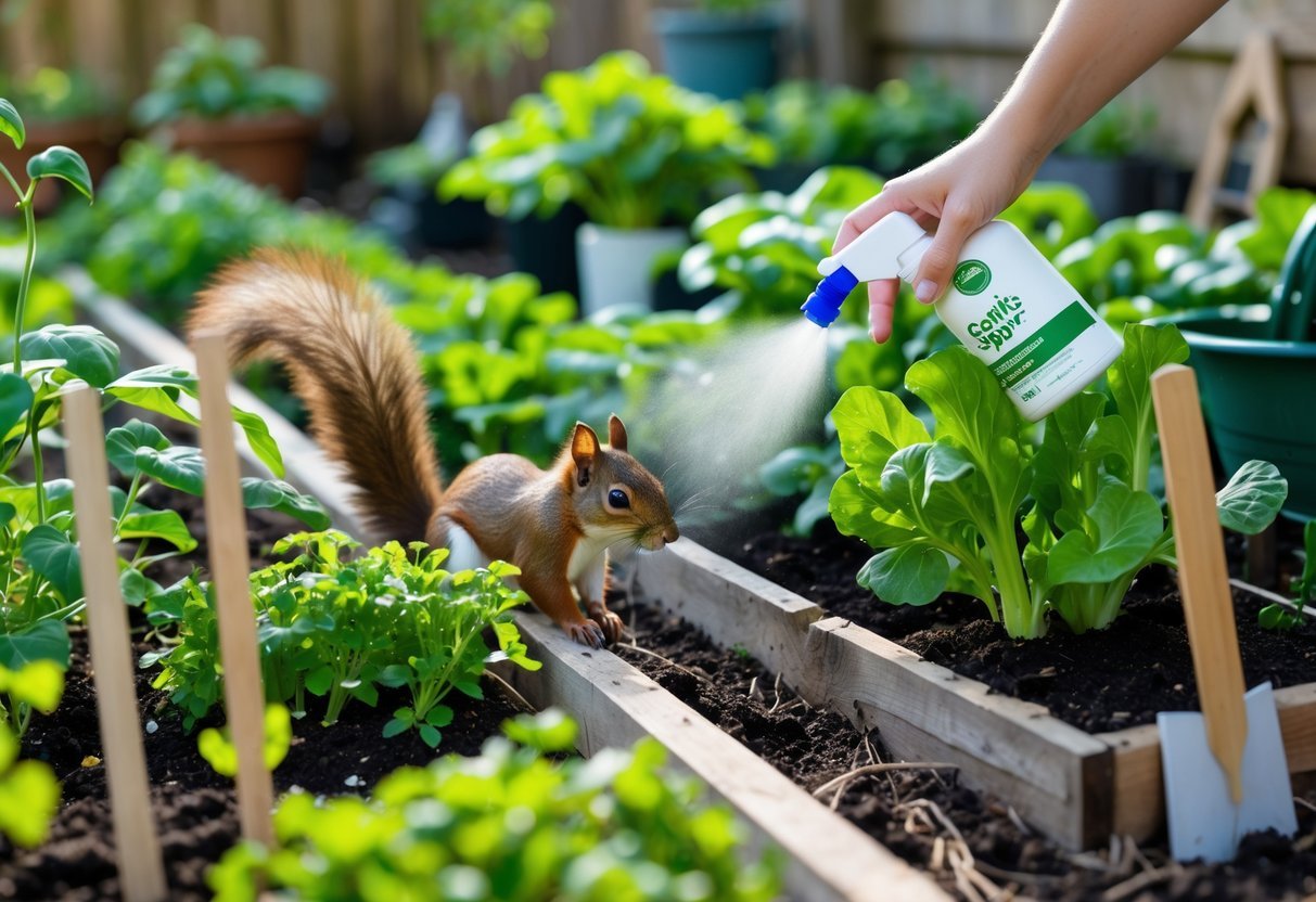 17+ Squirrel-Proof Garden Ideas: Effective Solutions Every US Gardener Needs to Know 13 A garden with green plants being sprayed with a natural garlic spray while a squirrel hesitates nearby at the garden's edge.