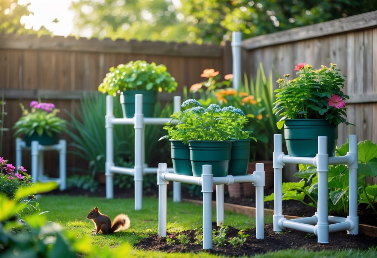 17+ Squirrel-Proof Garden Ideas: Effective Solutions Every US Gardener Needs to Know 15 Backyard garden with elevated PVC pipe plant stands holding green plants and flowers, designed to keep squirrels away.