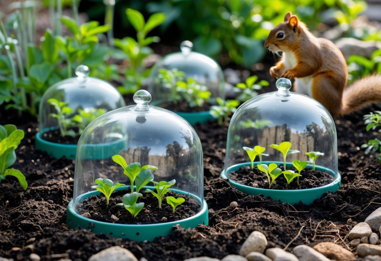 17+ Squirrel-Proof Garden Ideas: Effective Solutions Every US Gardener Needs to Know 16 Young seedlings growing under transparent cloches in a garden with a squirrel nearby but unable to reach the plants.