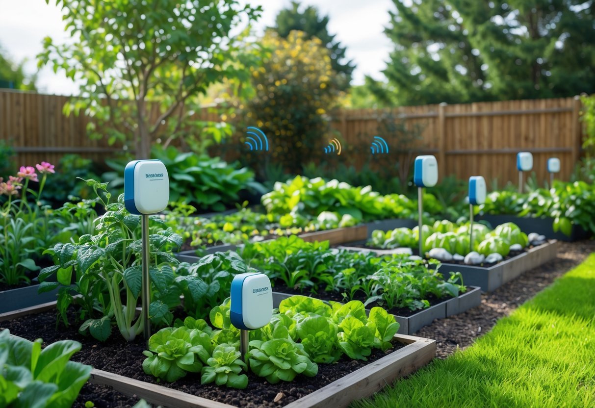 17+ Squirrel-Proof Garden Ideas: Effective Solutions Every US Gardener Needs to Know 18 A garden with green plants and flowers showing ultrasonic repellent devices installed to keep squirrels away.