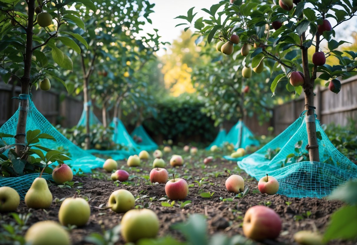 17+ Squirrel-Proof Garden Ideas: Effective Solutions Every US Gardener Needs to Know 19 A clean garden floor with no fallen fruit beneath fruit trees protected by mesh netting to prevent squirrels from accessing the fruit.