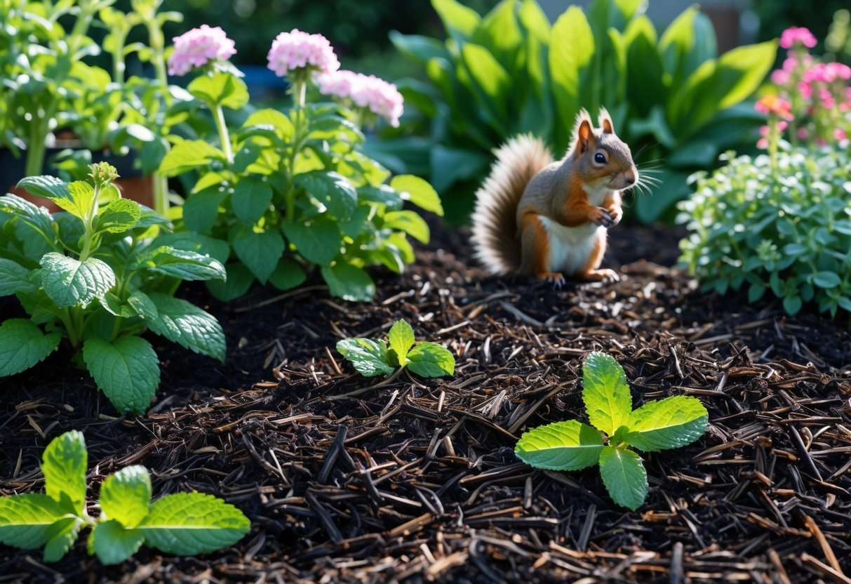 17+ Squirrel-Proof Garden Ideas: Effective Solutions Every US Gardener Needs to Know 20 A garden with plants and dark mulch infused with peppermint leaves, and a squirrel nearby appearing hesitant.