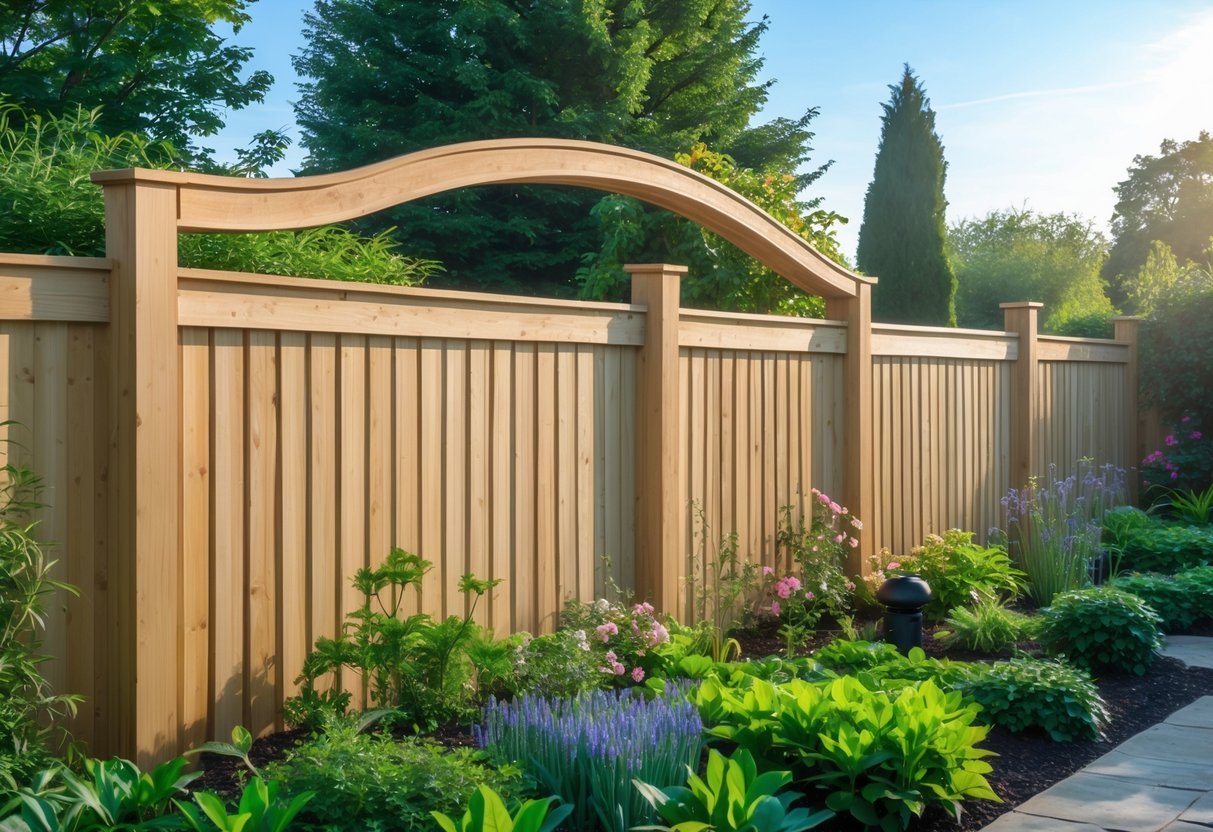 17+ Squirrel-Proof Garden Ideas: Effective Solutions Every US Gardener Needs to Know 21 A garden with a curved top wooden fence designed to keep squirrels out, surrounded by green plants and flowers.
