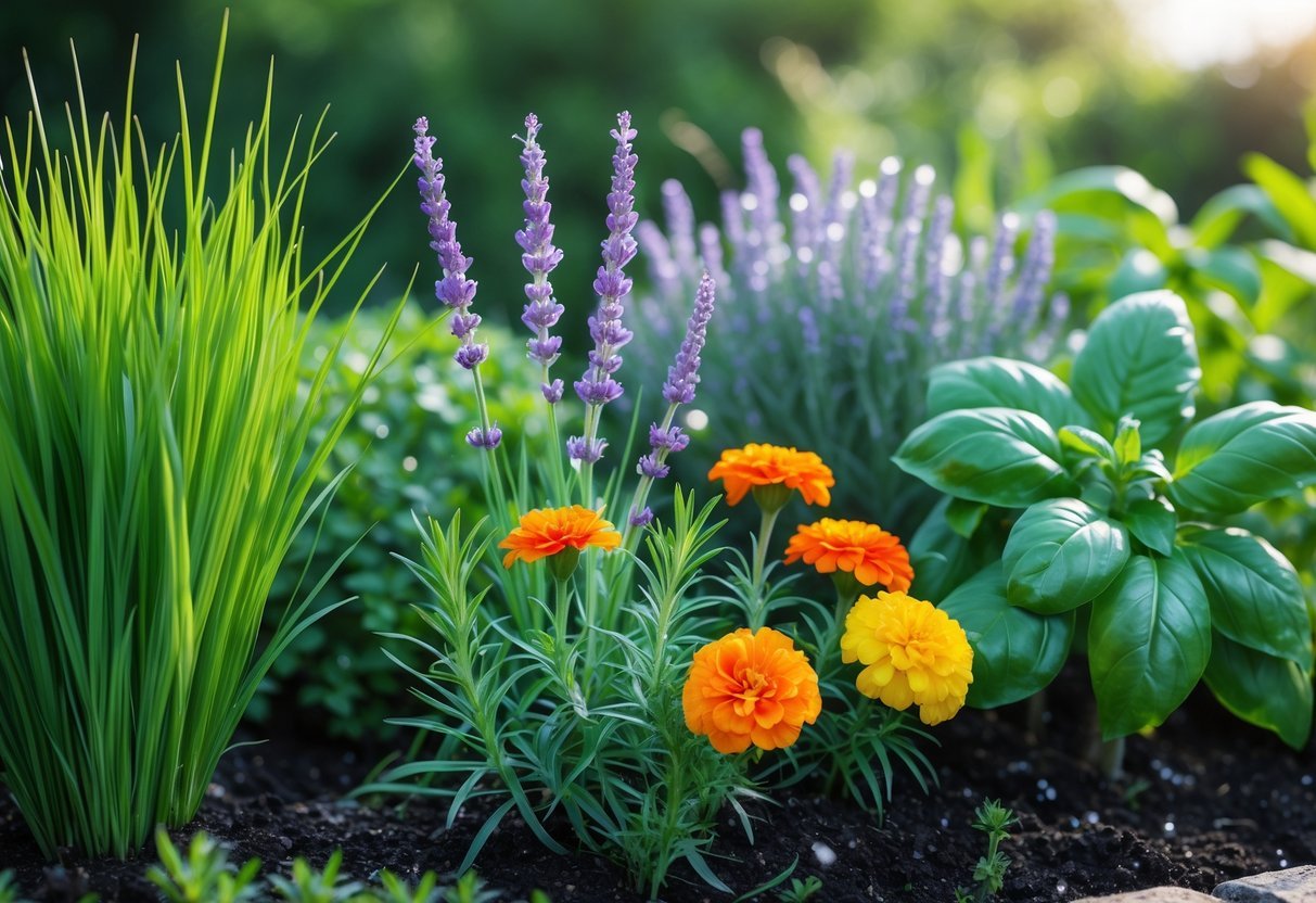 22+ Plants That Repel Mosquitoes: Effective Varieties for Your US Garden 2 A garden scene showing citronella grass, lavender, marigold, and basil plants growing together outdoors.