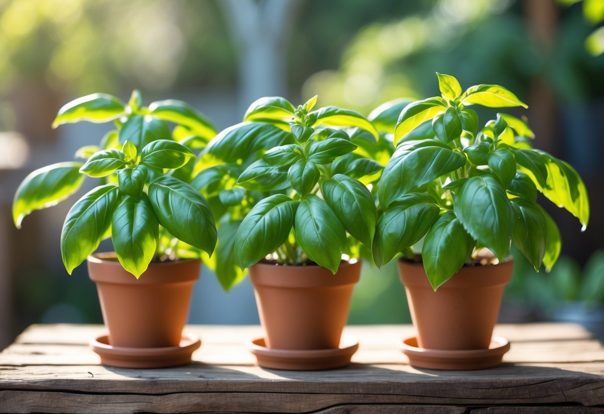 22+ Plants That Repel Mosquitoes: Effective Varieties for Your US Garden 5 Three healthy basil plants in pots arranged on a wooden table with a blurred garden background.