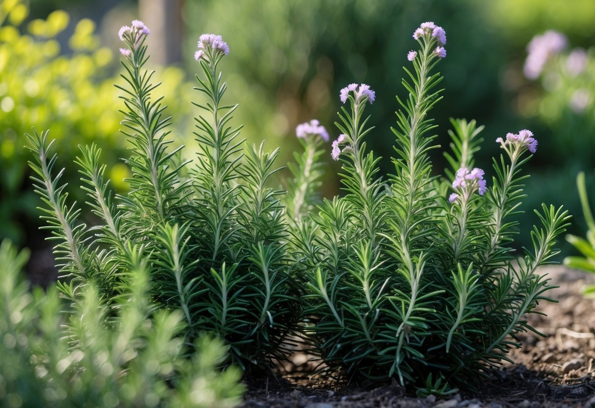 22+ Plants That Repel Mosquitoes: Effective Varieties for Your US Garden 6 Close-up of healthy rosemary plants with green needle-like leaves and light purple flowers in a garden.