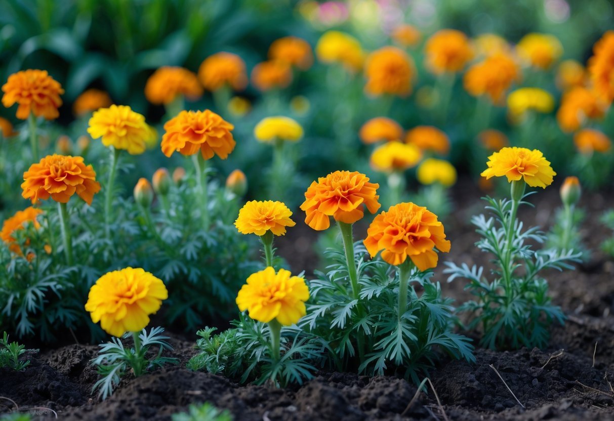 22+ Plants That Repel Mosquitoes: Effective Varieties for Your US Garden 8 Close-up of bright orange and yellow marigold flowers growing in a garden bed with green leaves.