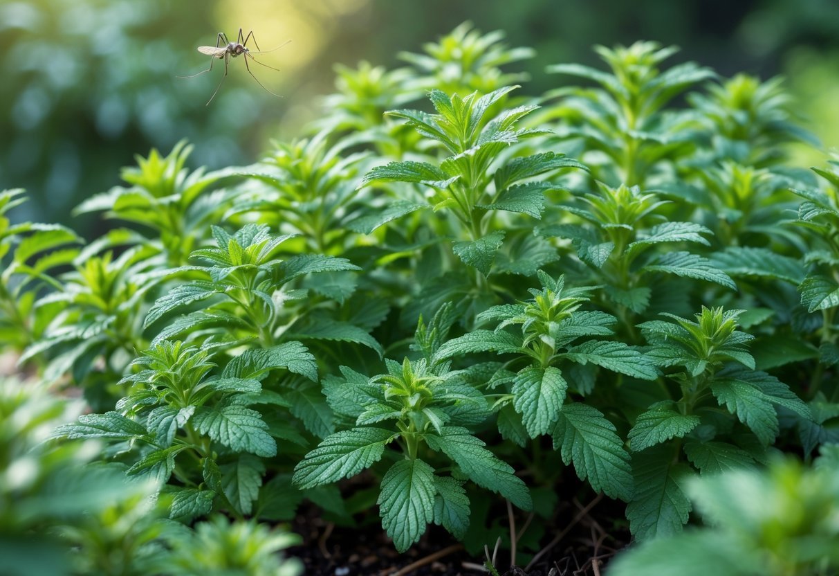 22+ Plants That Repel Mosquitoes: Effective Varieties for Your US Garden 9 Close-up of lush green catnip plants growing outdoors with a mosquito flying nearby.