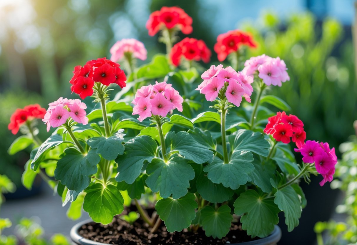 22+ Plants That Repel Mosquitoes: Effective Varieties for Your US Garden 10 Close-up of vibrant geranium plants with green leaves and red and pink flowers in an outdoor garden.