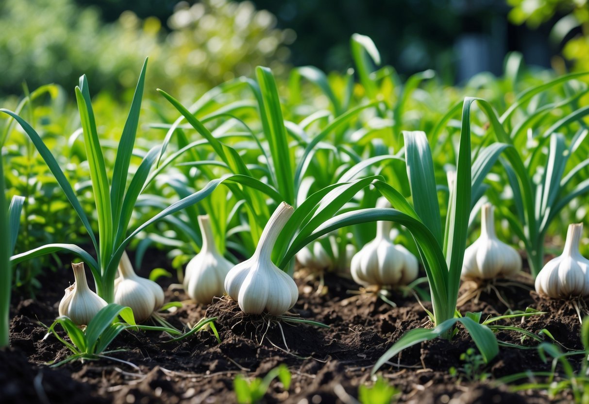 22+ Plants That Repel Mosquitoes: Effective Varieties for Your US Garden 14 A garden bed filled with green garlic plants growing in soil under natural sunlight.